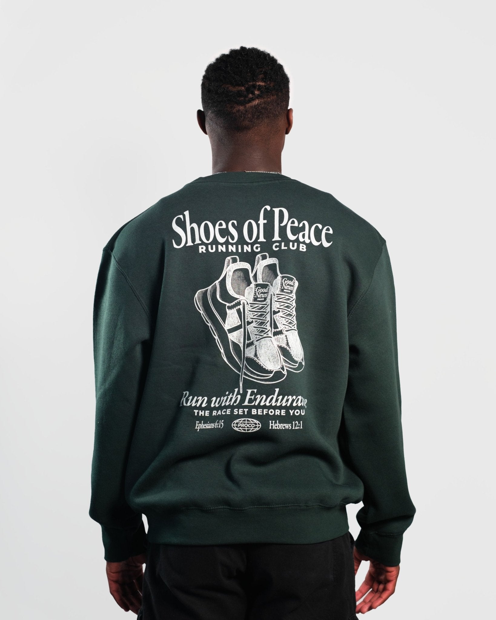 Christian Sweatshirt - Run with Endurance Forest Green Crewneck - Proclamation Coalition