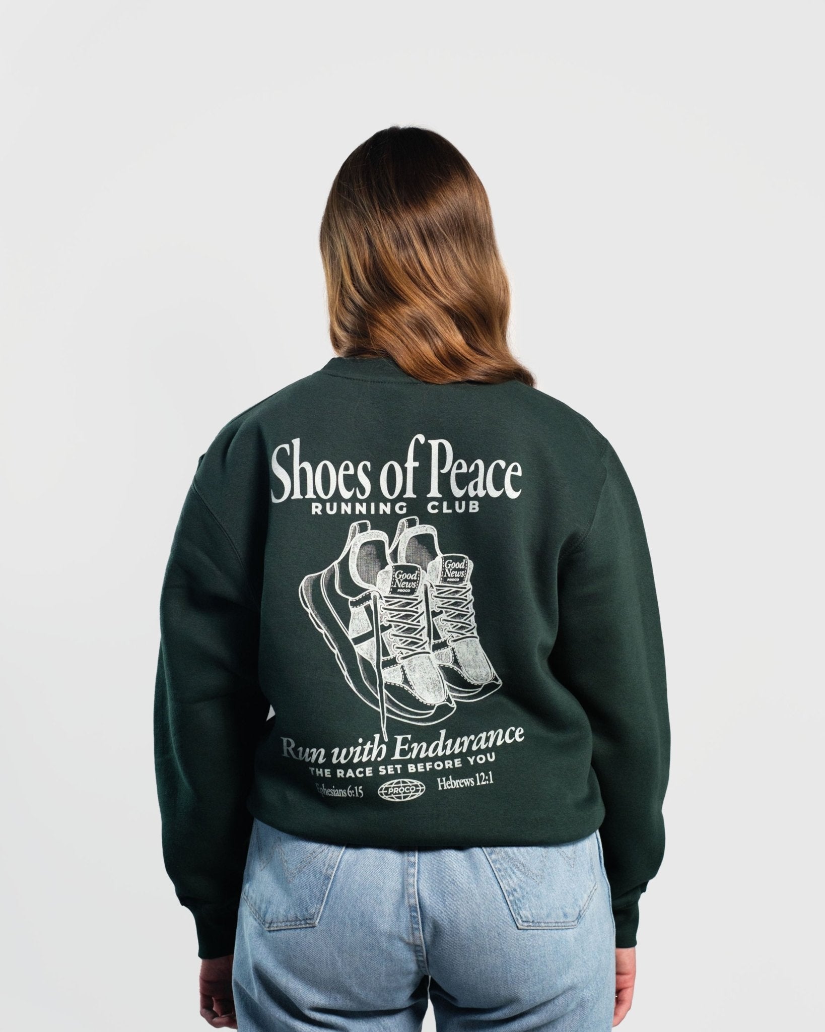 Christian Sweatshirt - Run with Endurance Forest Green Crewneck - Proclamation Coalition