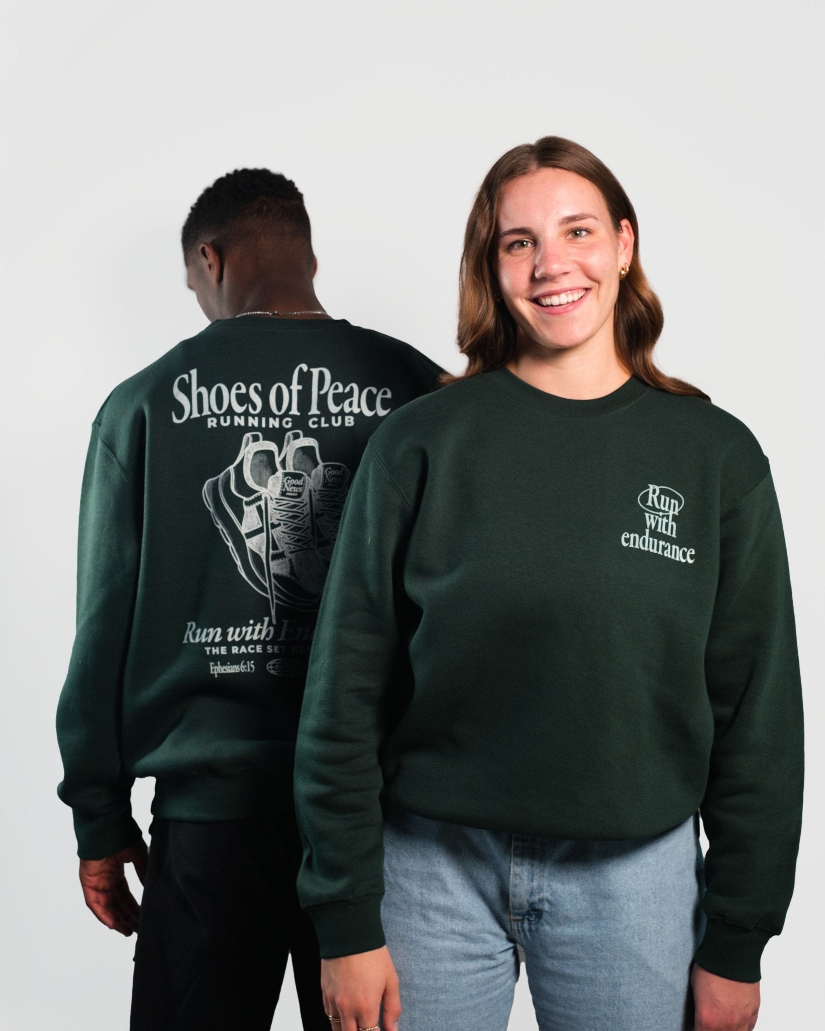 Christian Sweatshirt - Run with Endurance Forest Green Crewneck - Proclamation Coalition