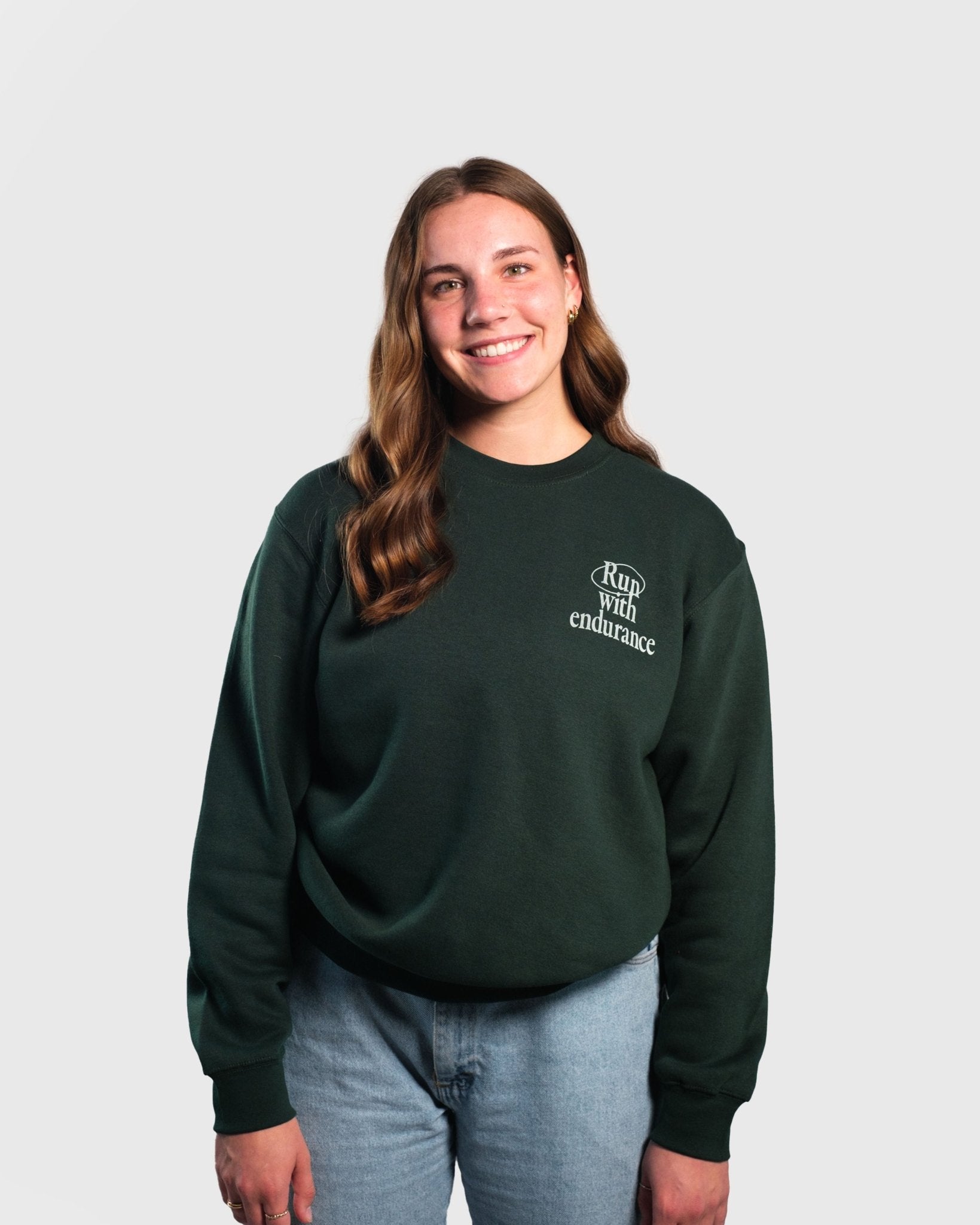 Christian Sweatshirt - Run with Endurance Forest Green Crewneck - Proclamation Coalition